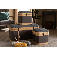 Baxton Studio R87R521-3PC Trunk Set Clarence Modern and Contemporary Transitional Dark Grey and Dark Brown Fabric Upholstered Oak Brown Finished 3-Piece Storage Ottoman Trunk Set